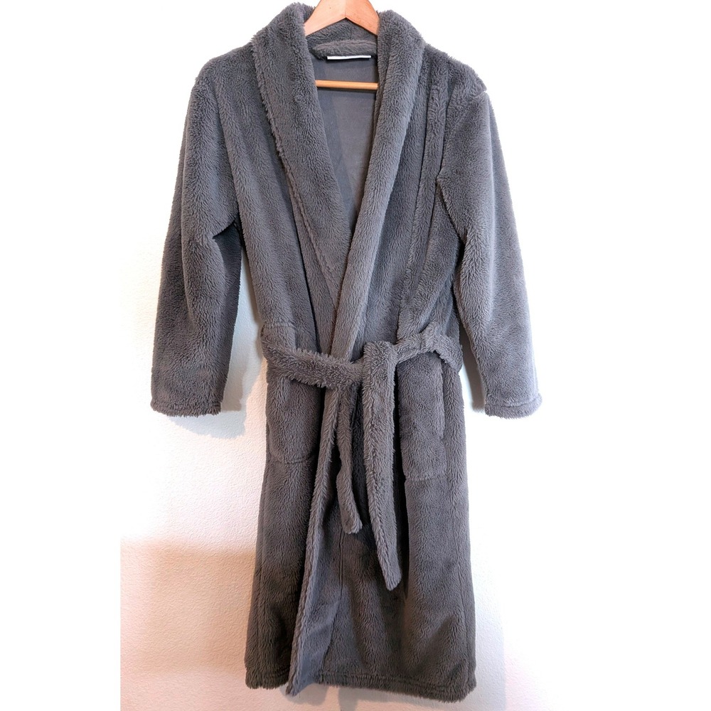 Minky Couture Luxury Robe Womens XS Charcoal Gray Plush Faux Fur Shawl Collar